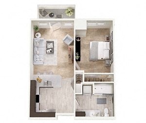 Floor plan for 1 bed, 1 bath, 600 sqft